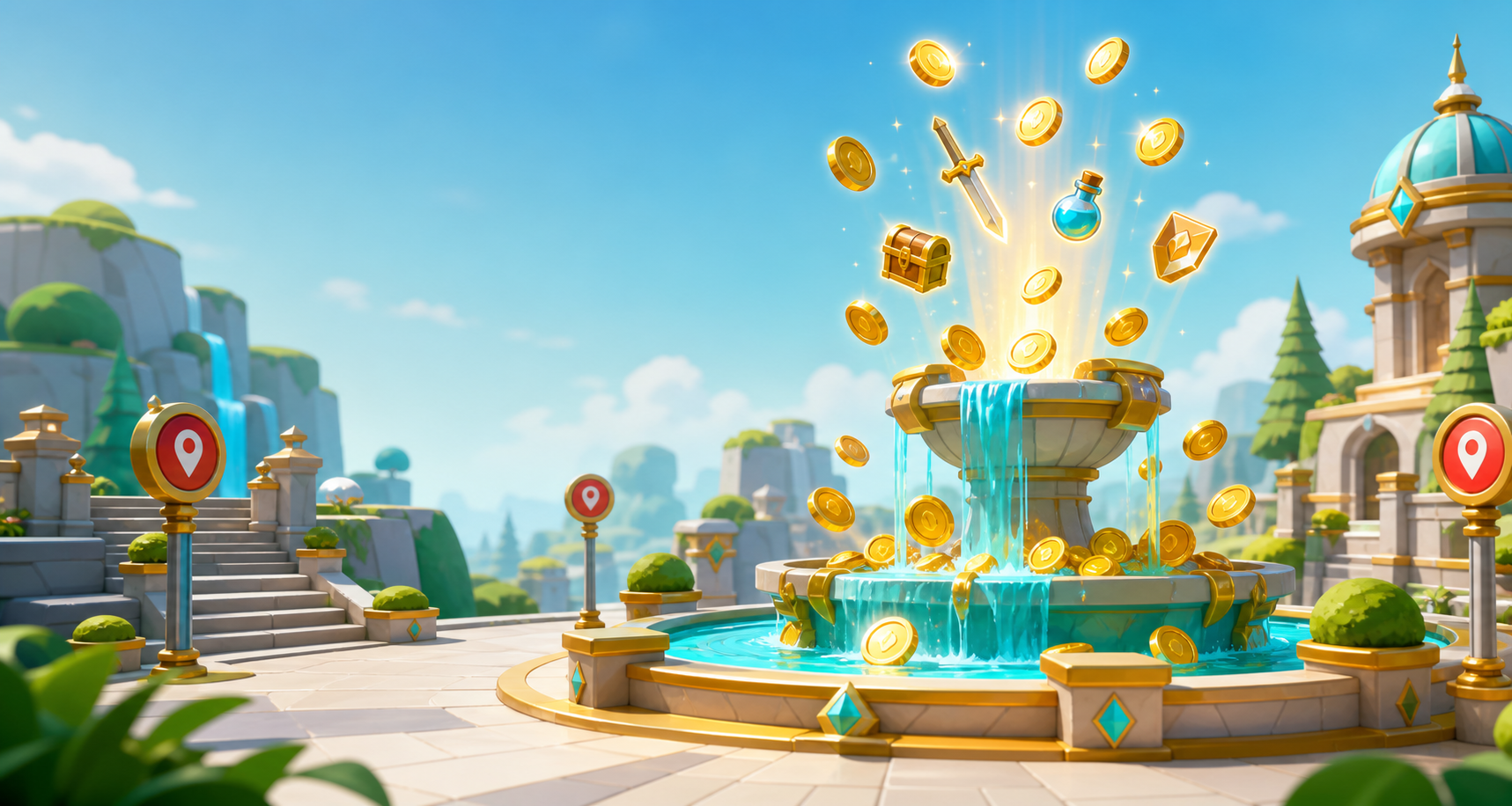 Original coin fountain guide artwork with coins, loot items, and route markers